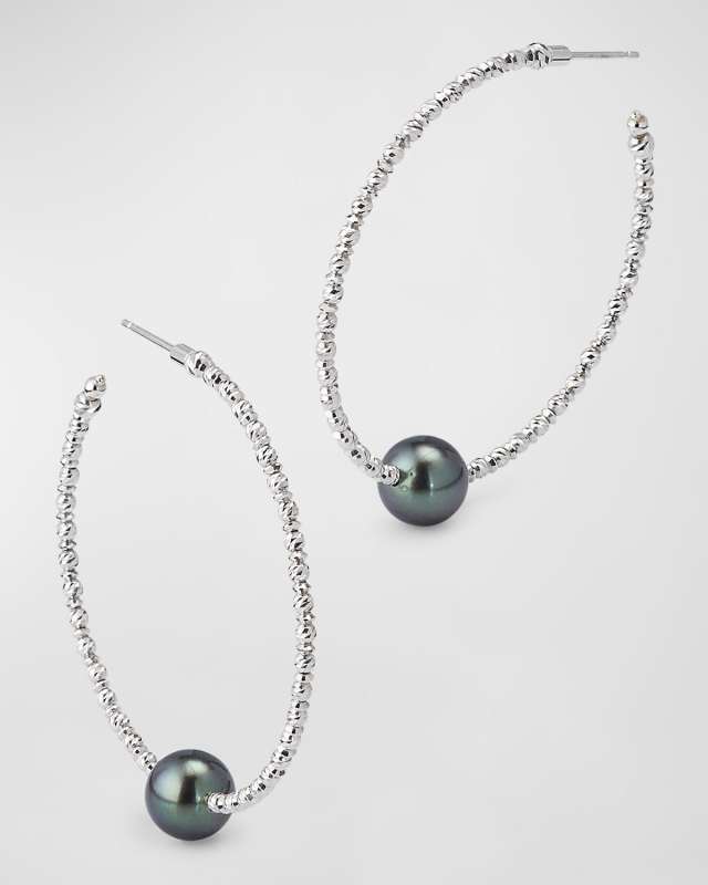 18K White Gold Tahitian Pearl Hoop Earrings